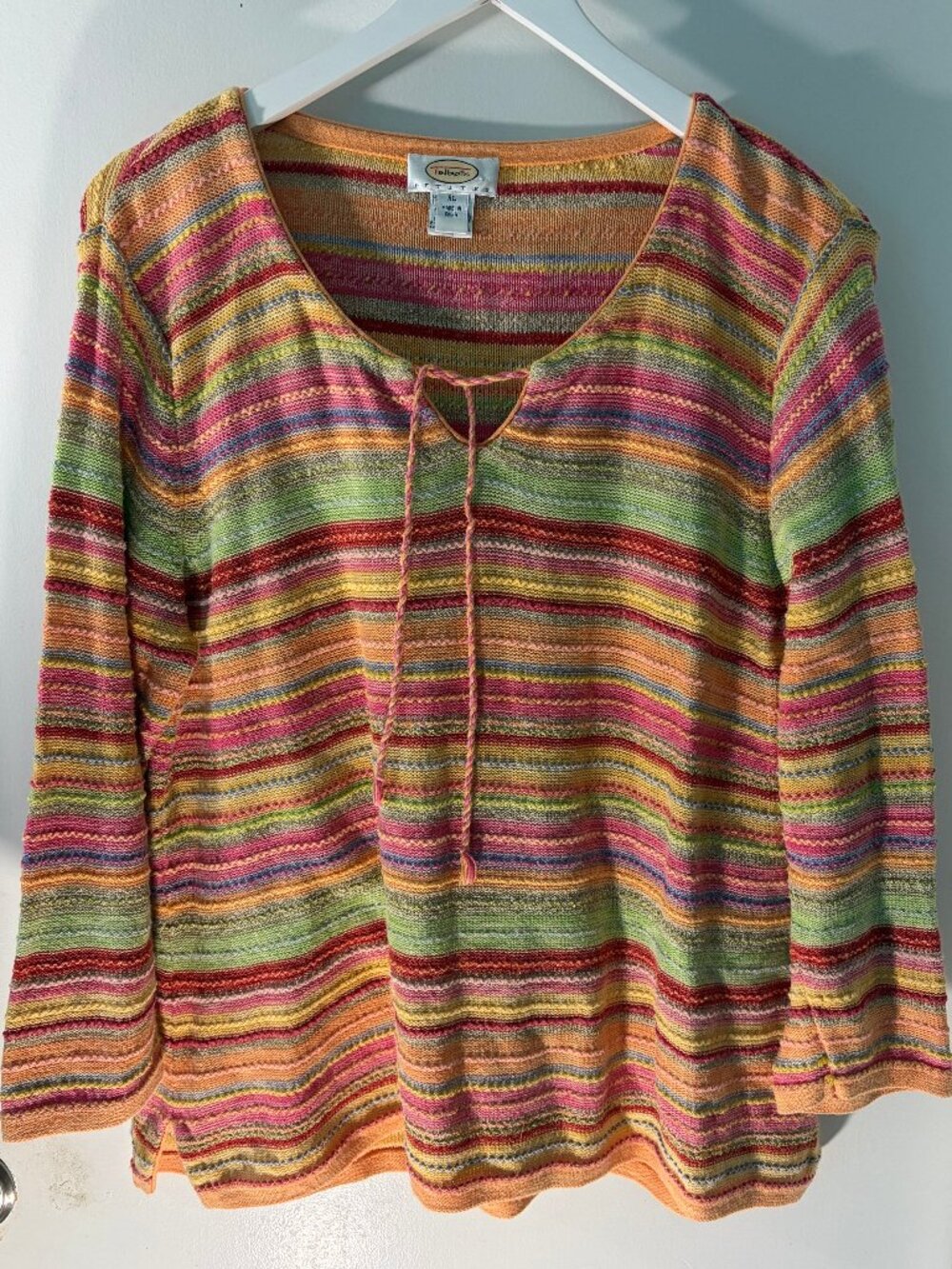 Vintage Talbots Petites XL Multicolor Striped Textured Tie Neck Sweater